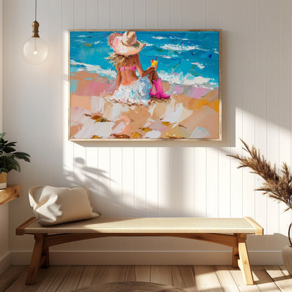 Capture the tranquil essence of a seaside escape with this vibrant artwork, featuring a lone figure for Hallway
