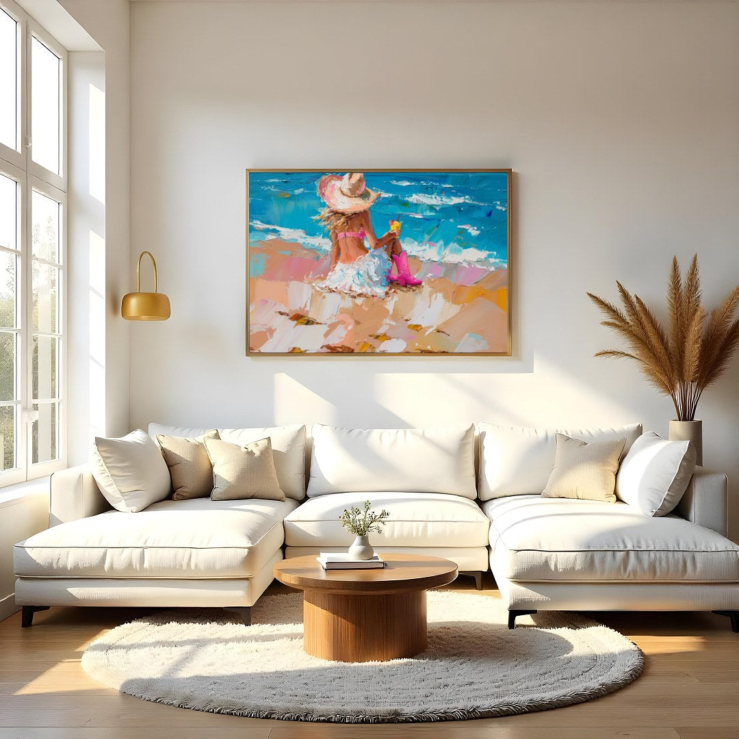 Capture the tranquil essence of a seaside escape with this vibrant artwork, featuring a lone figure for Living Room