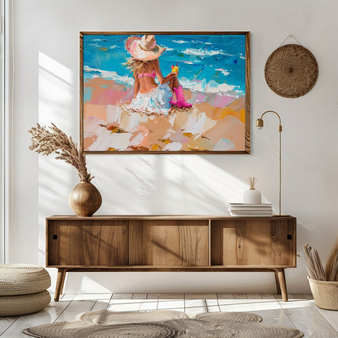 Capture the tranquil essence of a seaside escape with this vibrant artwork, featuring a lone figure for Sitting Area