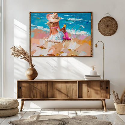 Capture the tranquil essence of a seaside escape with this vibrant artwork, featuring a lone figure for Sitting Area