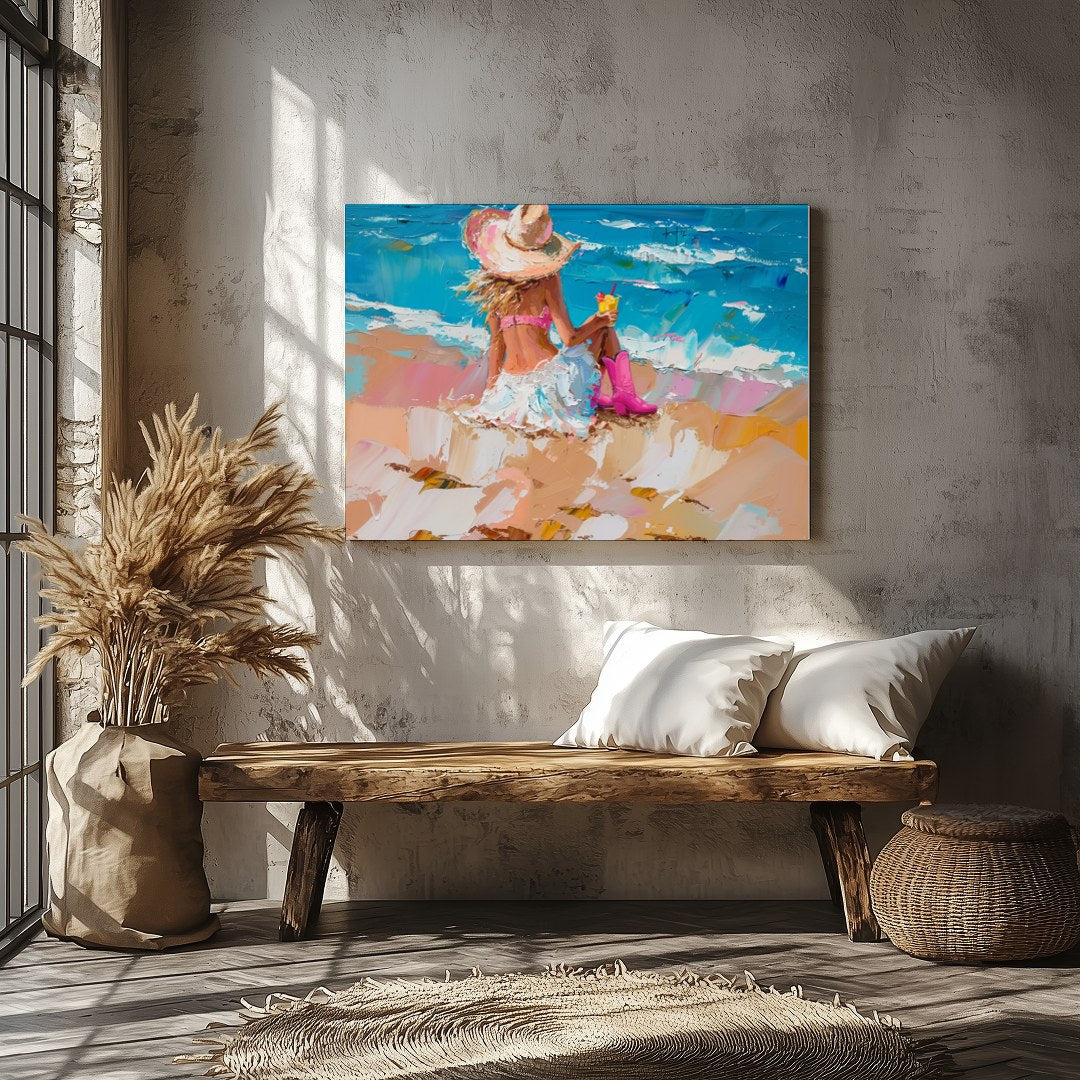 Capture the tranquil essence of a seaside escape with this vibrant artwork, featuring a lone figure for Veranda