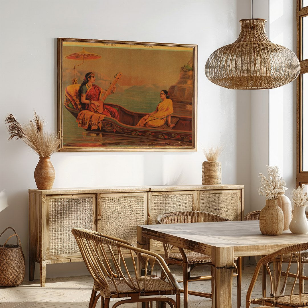 Experience the tranquil beauty of 'Serene Boat Melody', a captivating artwork depicting a for Dining