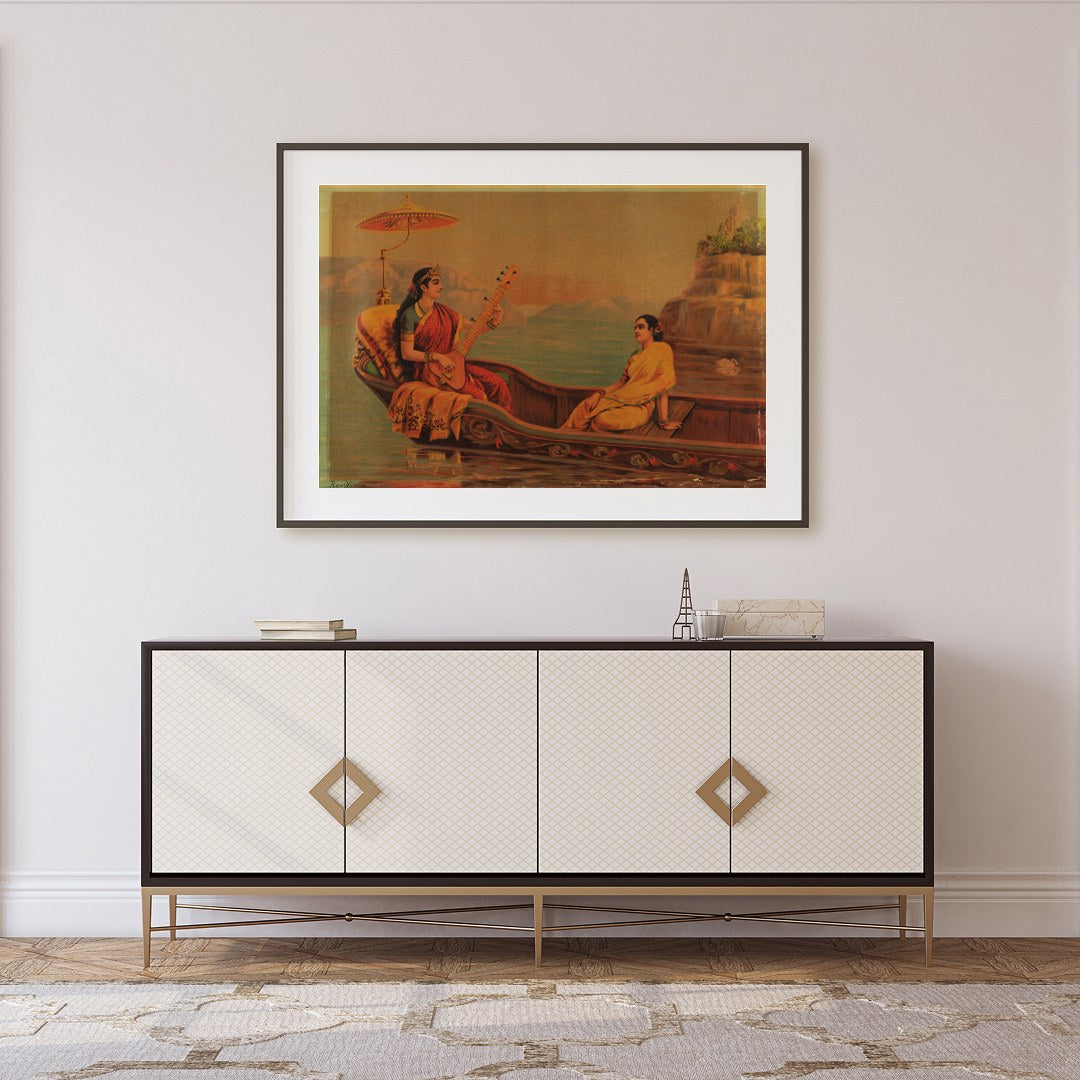 Experience the tranquil beauty of 'Serene Boat Melody', a captivating artwork depicting a for Foyer