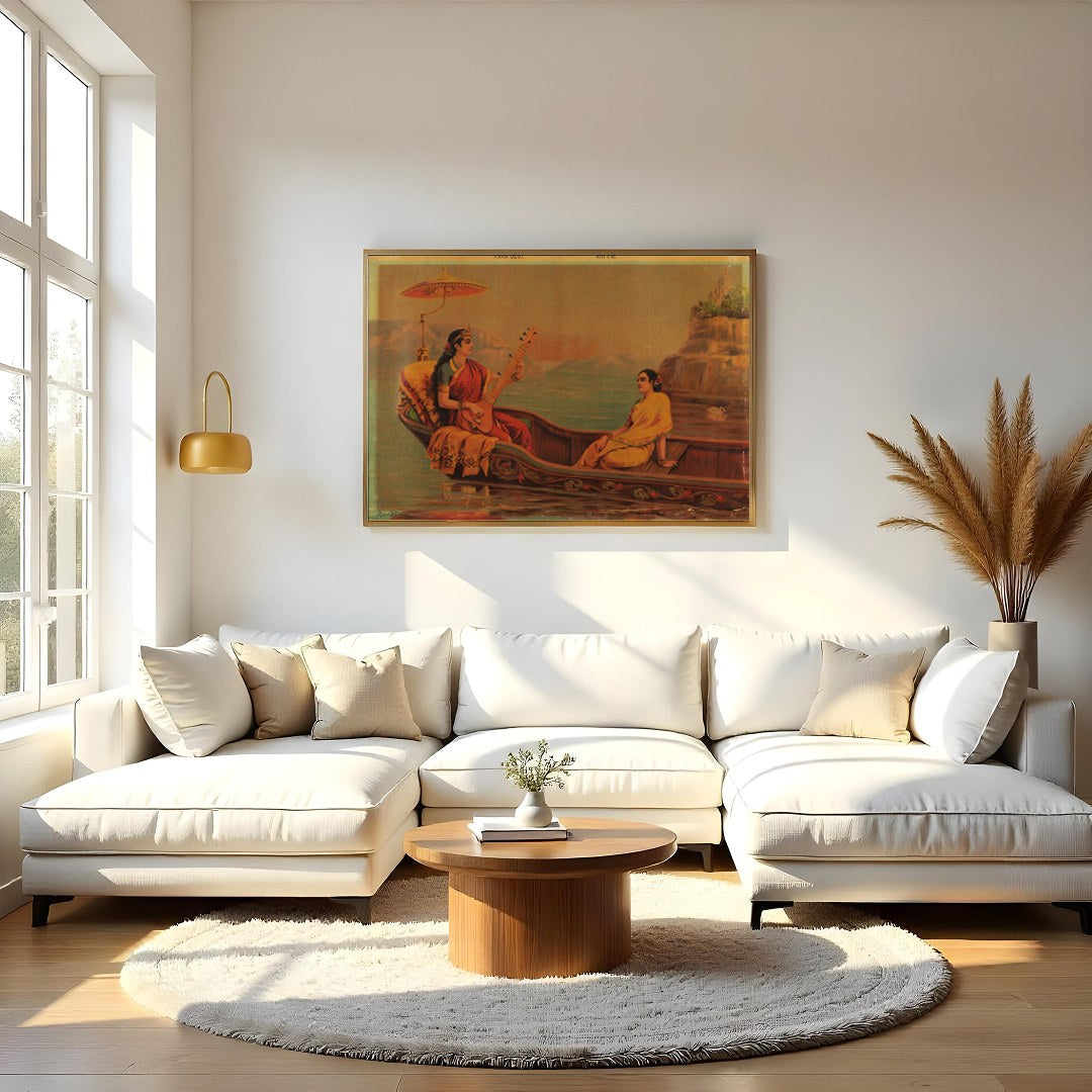 Experience the tranquil beauty of 'Serene Boat Melody', a captivating artwork depicting a for Living Room