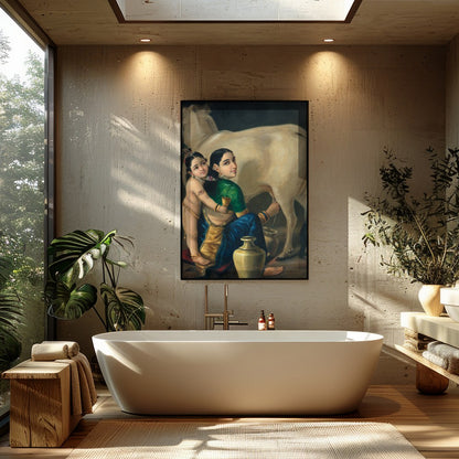 Experience the tranquil beauty of rustic life with this exquisite depiction of a mother and child for Bathroom