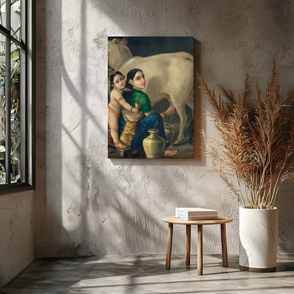 Experience the tranquil beauty of rustic life with this exquisite depiction of a mother and child for Entrance