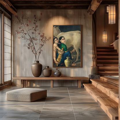 Experience the tranquil beauty of rustic life with this exquisite depiction of a mother and child for Hall