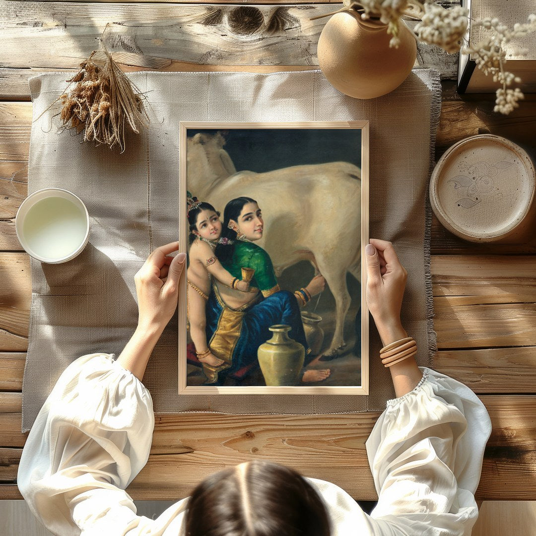 Experience the tranquil beauty of rustic life with this exquisite depiction of a mother and child for Kitchen