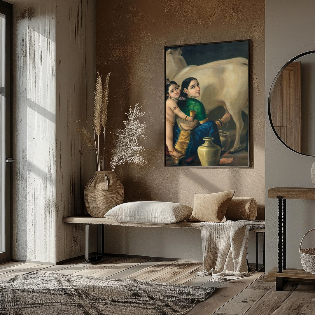 Experience the tranquil beauty of rustic life with this exquisite depiction of a mother and child for residence