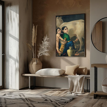 Experience the tranquil beauty of rustic life with this exquisite depiction of a mother and child for residence
