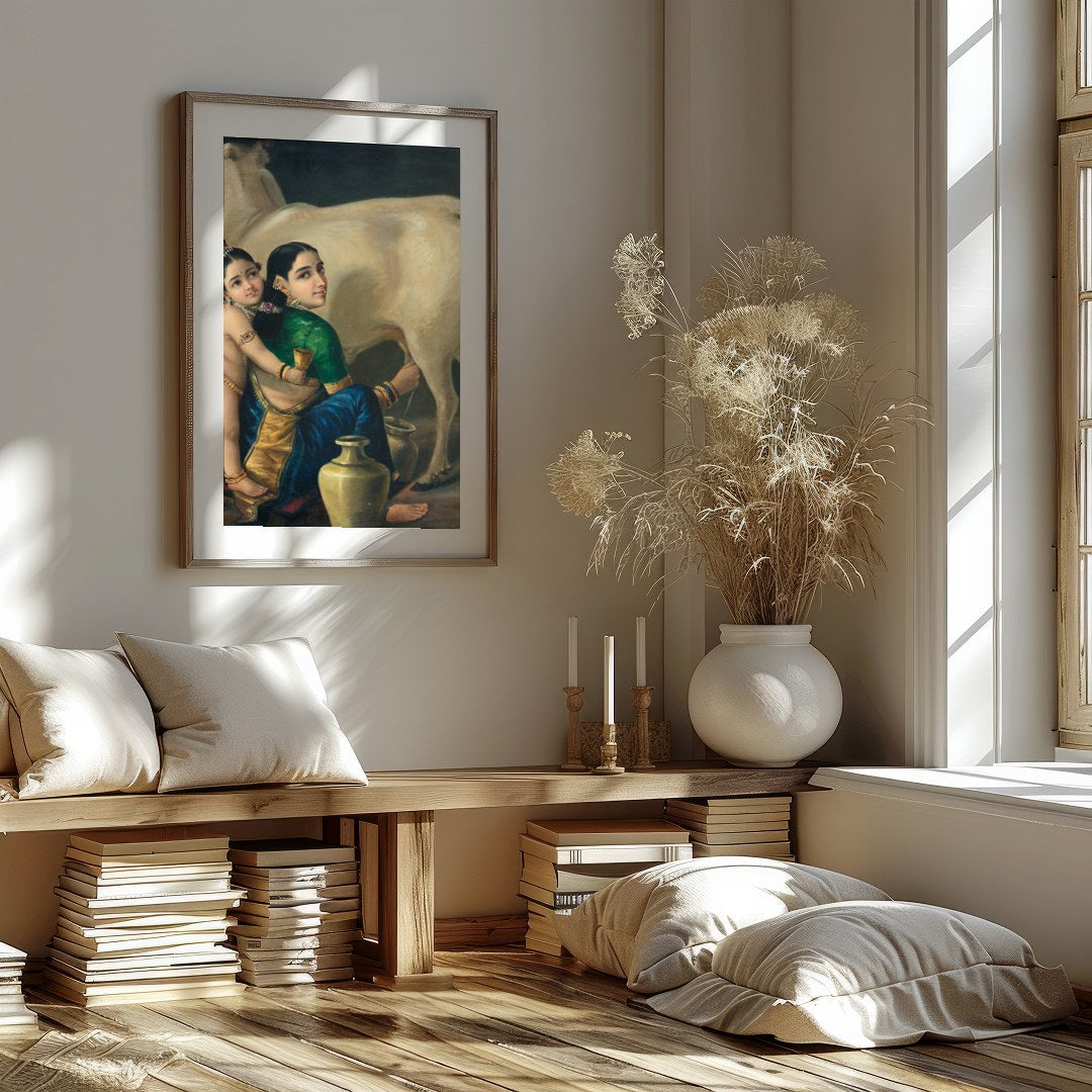 Experience the tranquil beauty of rustic life with this exquisite depiction of a mother and child for retreat