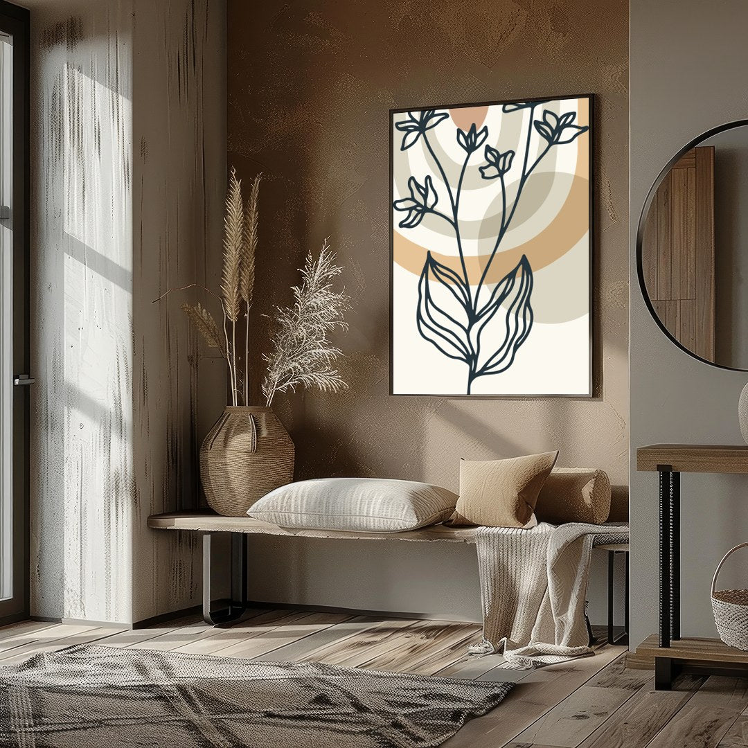 Elevate your space with 'Serene Botanical Lines', a captivating blend of minimalistic floral for living-space