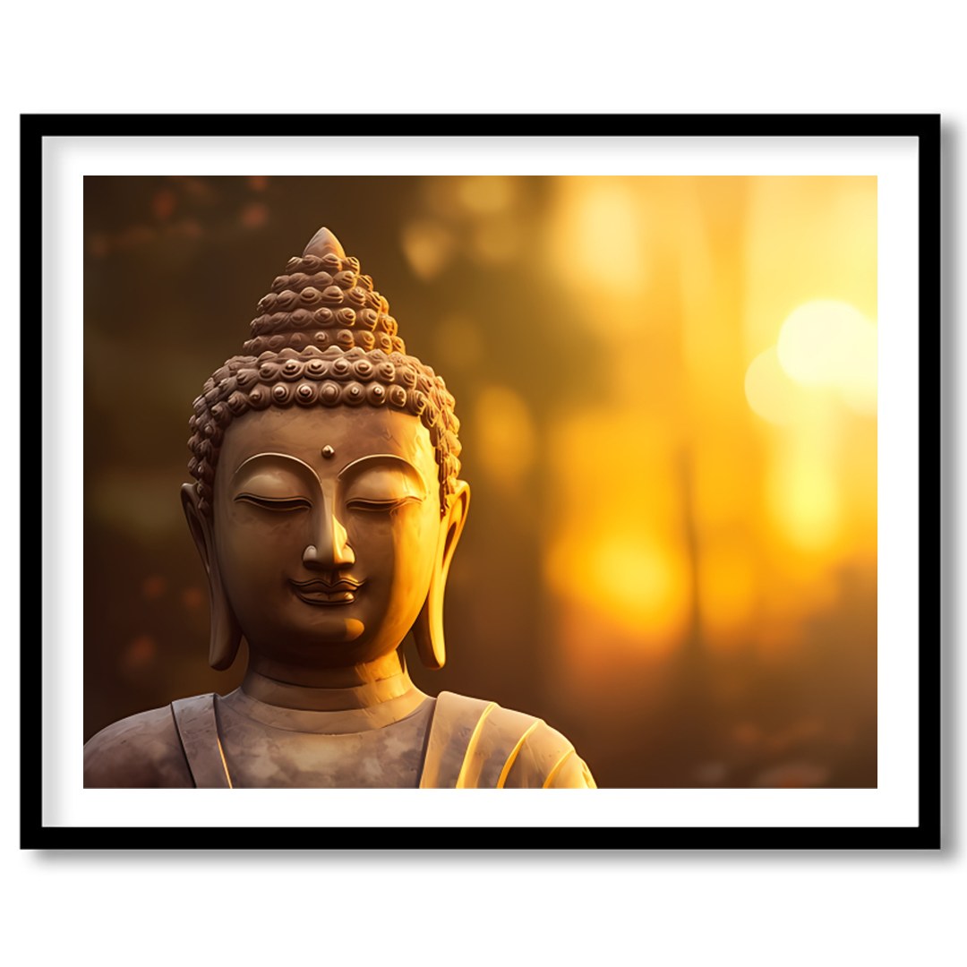 Immerse your space in tranquility with this serene Buddha depiction set against a majestic sunrise. for bedroom