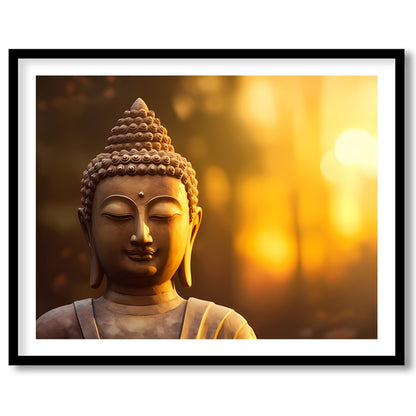 Immerse your space in tranquility with this serene Buddha depiction set against a majestic sunrise. for bedroom
