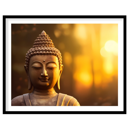 Immerse your space in tranquility with this serene Buddha depiction set against a majestic sunrise. for bedroom