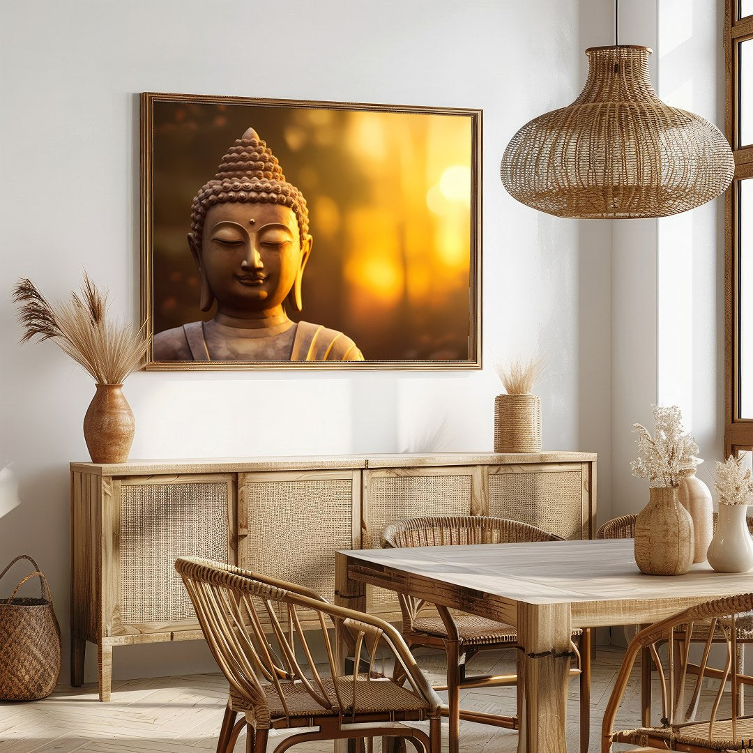 Immerse your space in tranquility with this serene Buddha depiction set against a majestic sunrise. for Dining