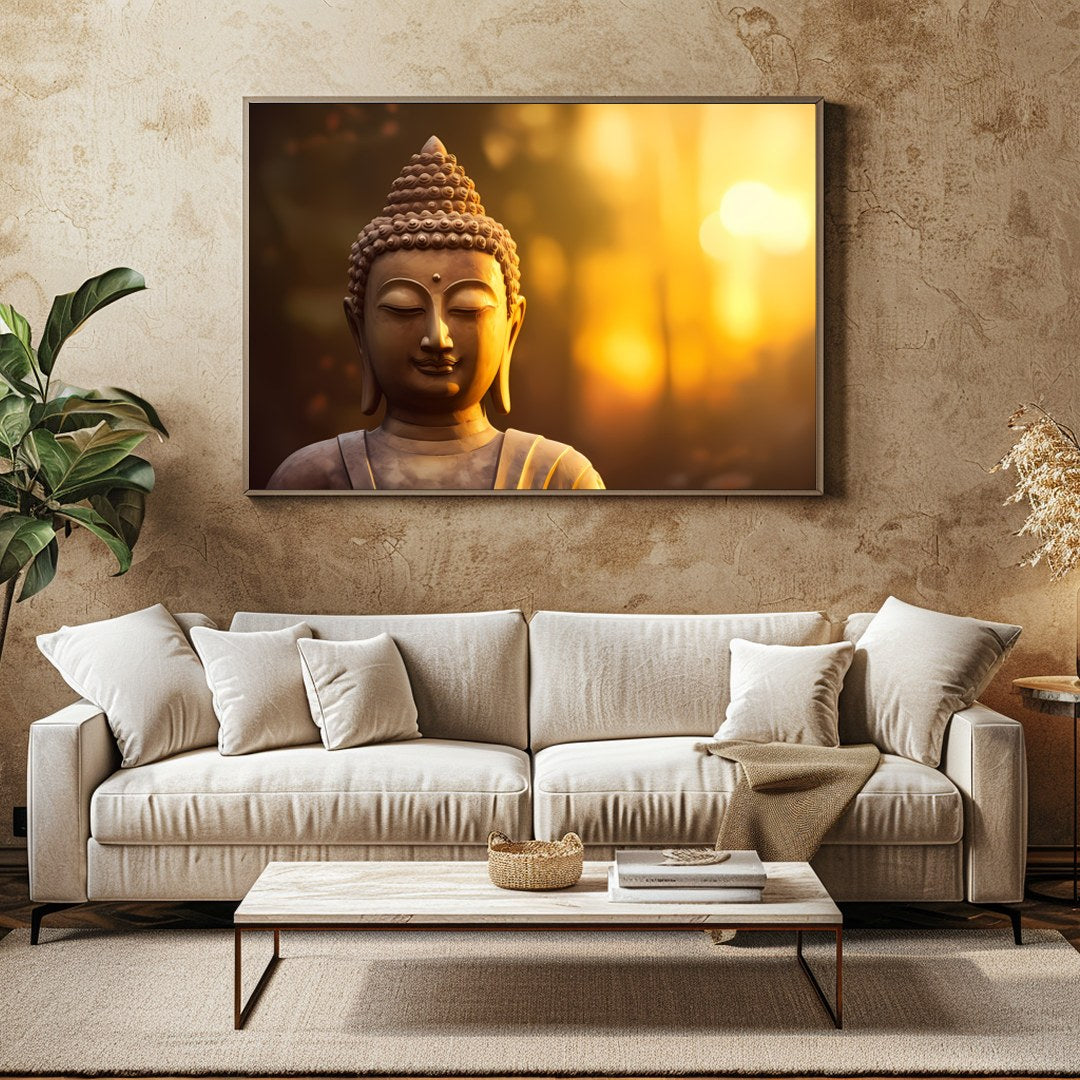 Immerse your space in tranquility with this serene Buddha depiction set against a majestic sunrise. for Family Room