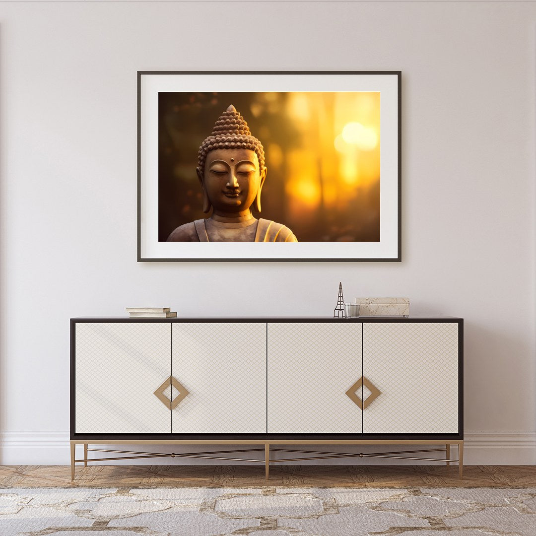Immerse your space in tranquility with this serene Buddha depiction set against a majestic sunrise. for Foyer