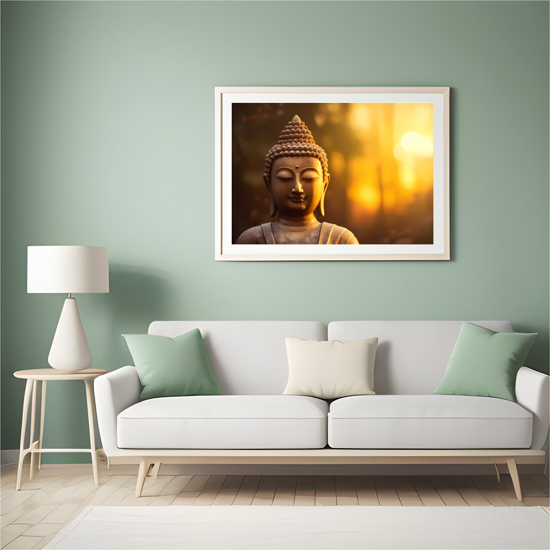 Immerse your space in tranquility with this serene Buddha depiction set against a majestic sunrise. for Hall