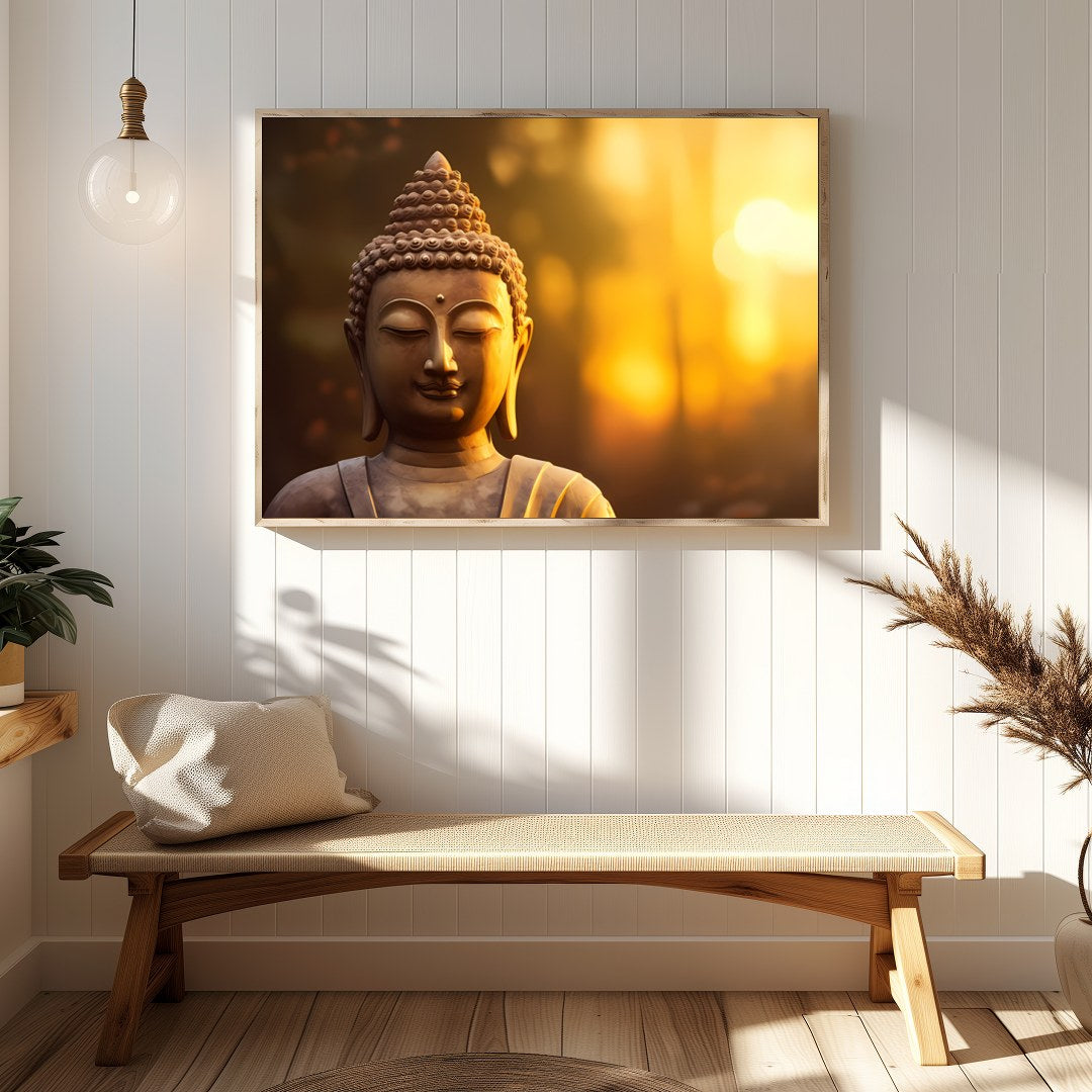 Immerse your space in tranquility with this serene Buddha depiction set against a majestic sunrise. for Hallway