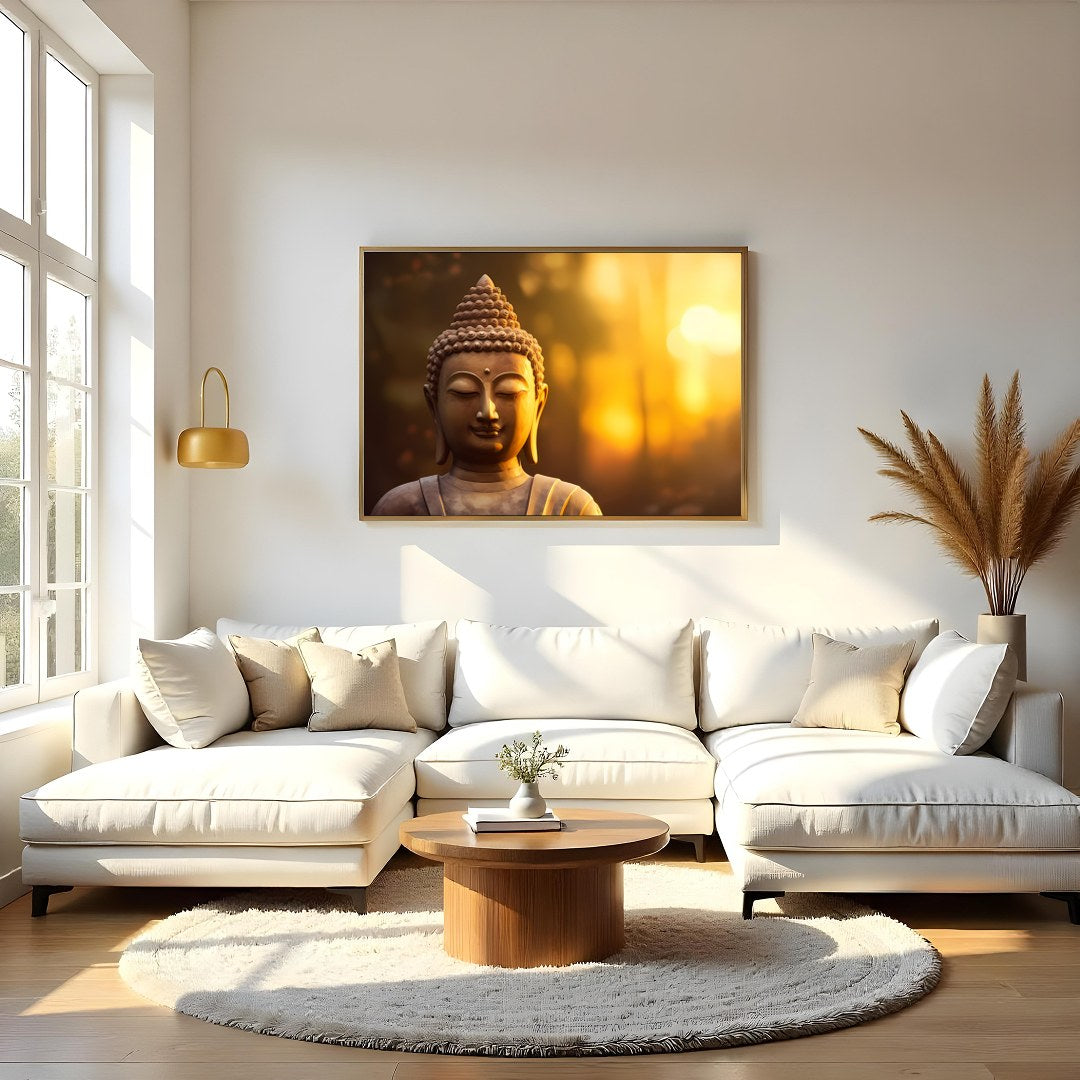 Immerse your space in tranquility with this serene Buddha depiction set against a majestic sunrise. for Living Room