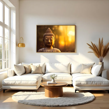Immerse your space in tranquility with this serene Buddha depiction set against a majestic sunrise. for Living Room