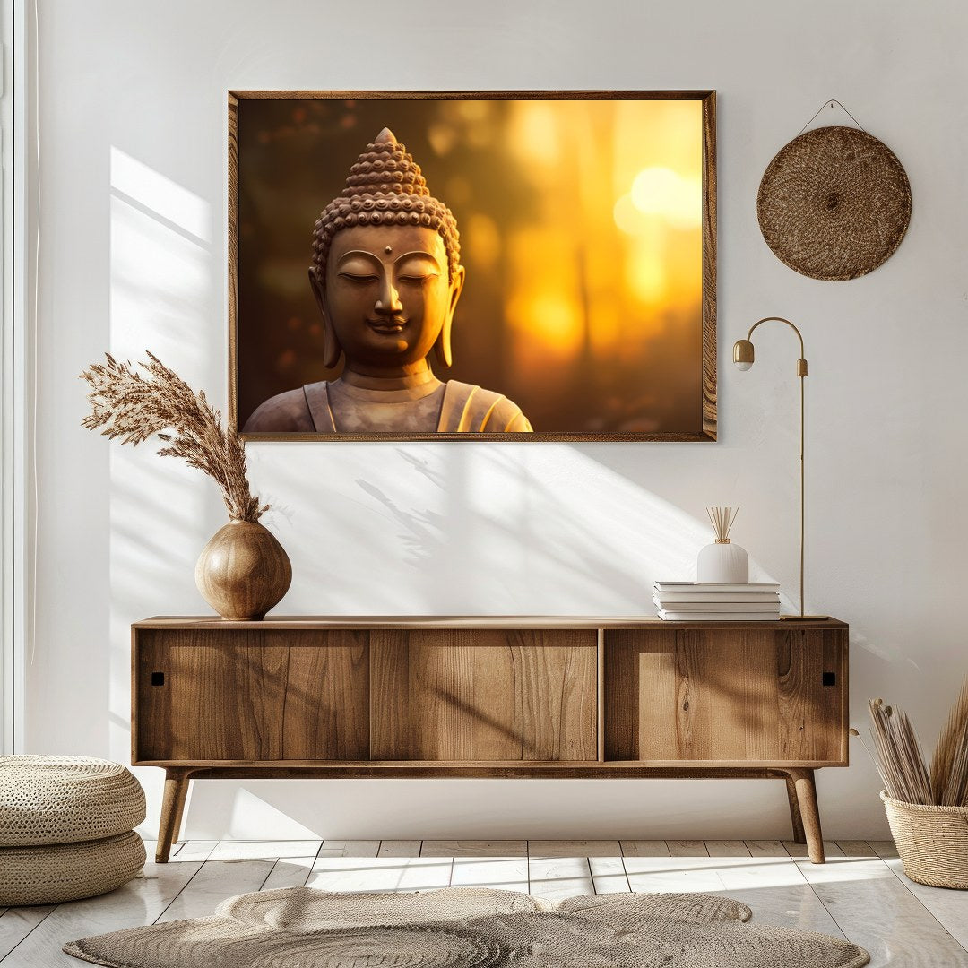 Immerse your space in tranquility with this serene Buddha depiction set against a majestic sunrise. for Sitting Area