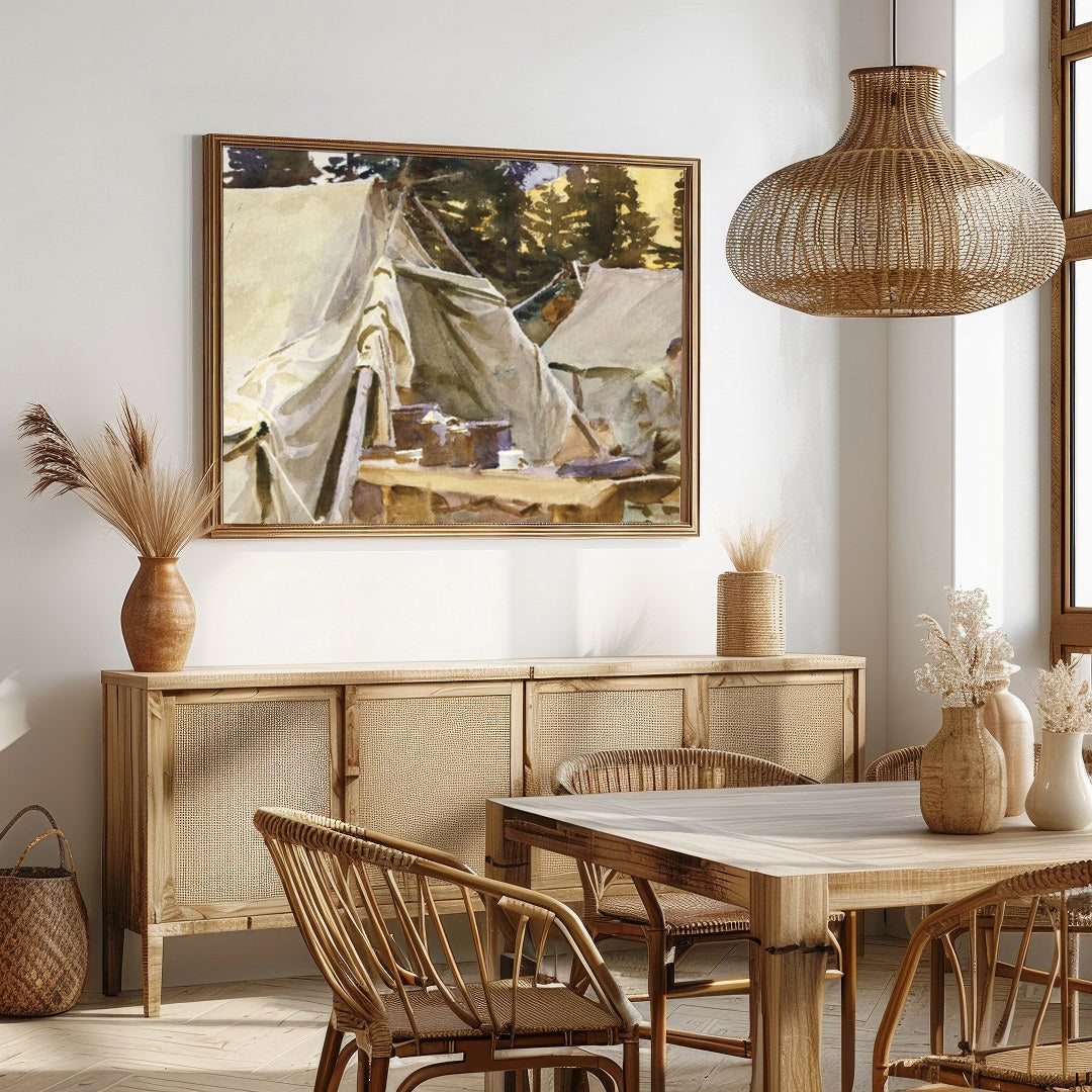 Immerse yourself in the tranquility of this watercolor artwork, capturing a serene campground for Dining