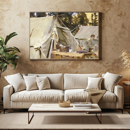 Immerse yourself in the tranquility of this watercolor artwork, capturing a serene campground for Family Room
