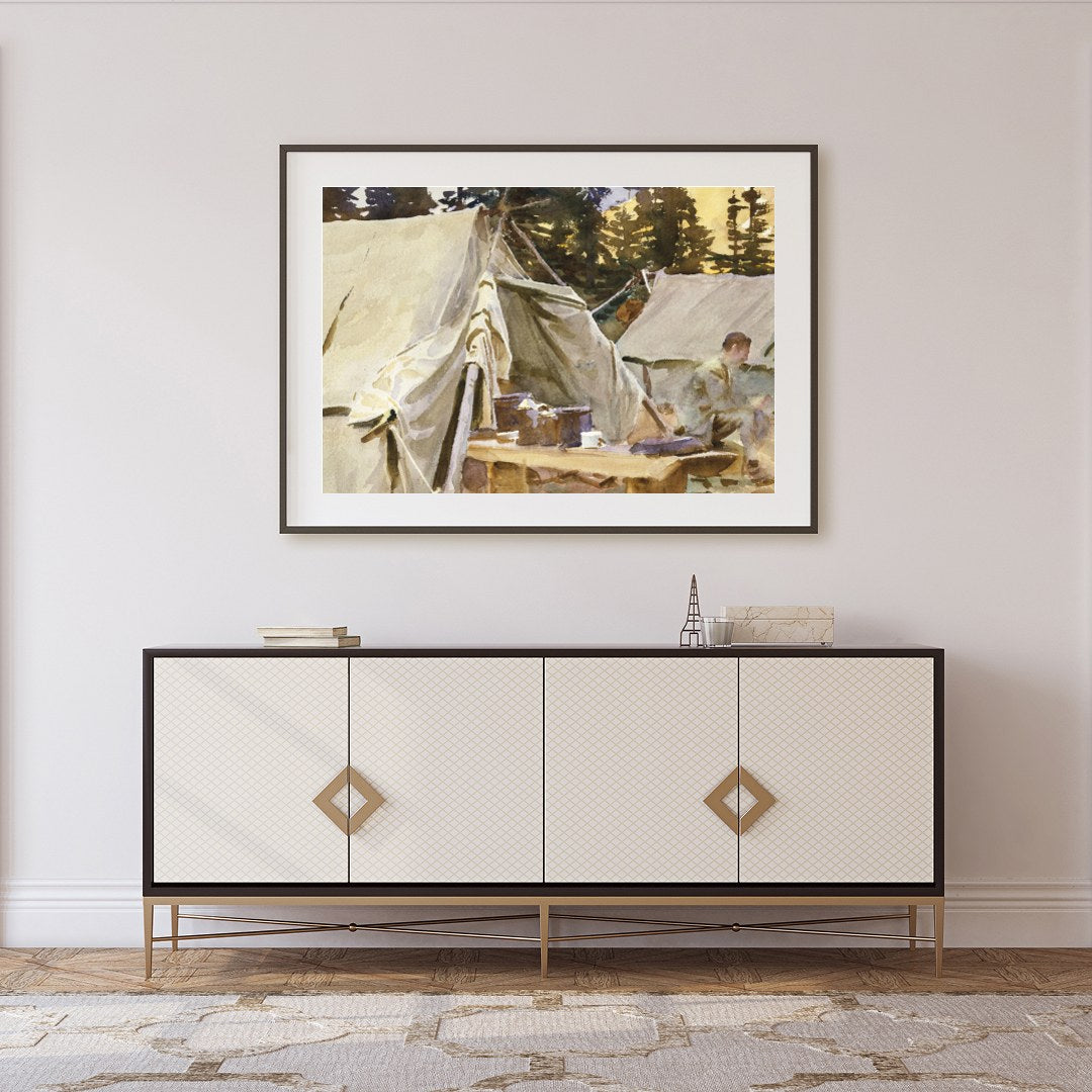 Immerse yourself in the tranquility of this watercolor artwork, capturing a serene campground for Foyer