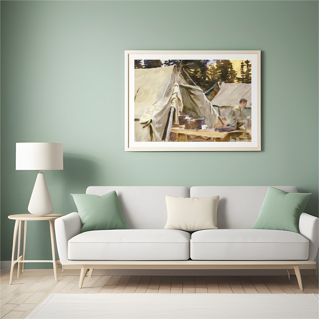 Immerse yourself in the tranquility of this watercolor artwork, capturing a serene campground for Hall