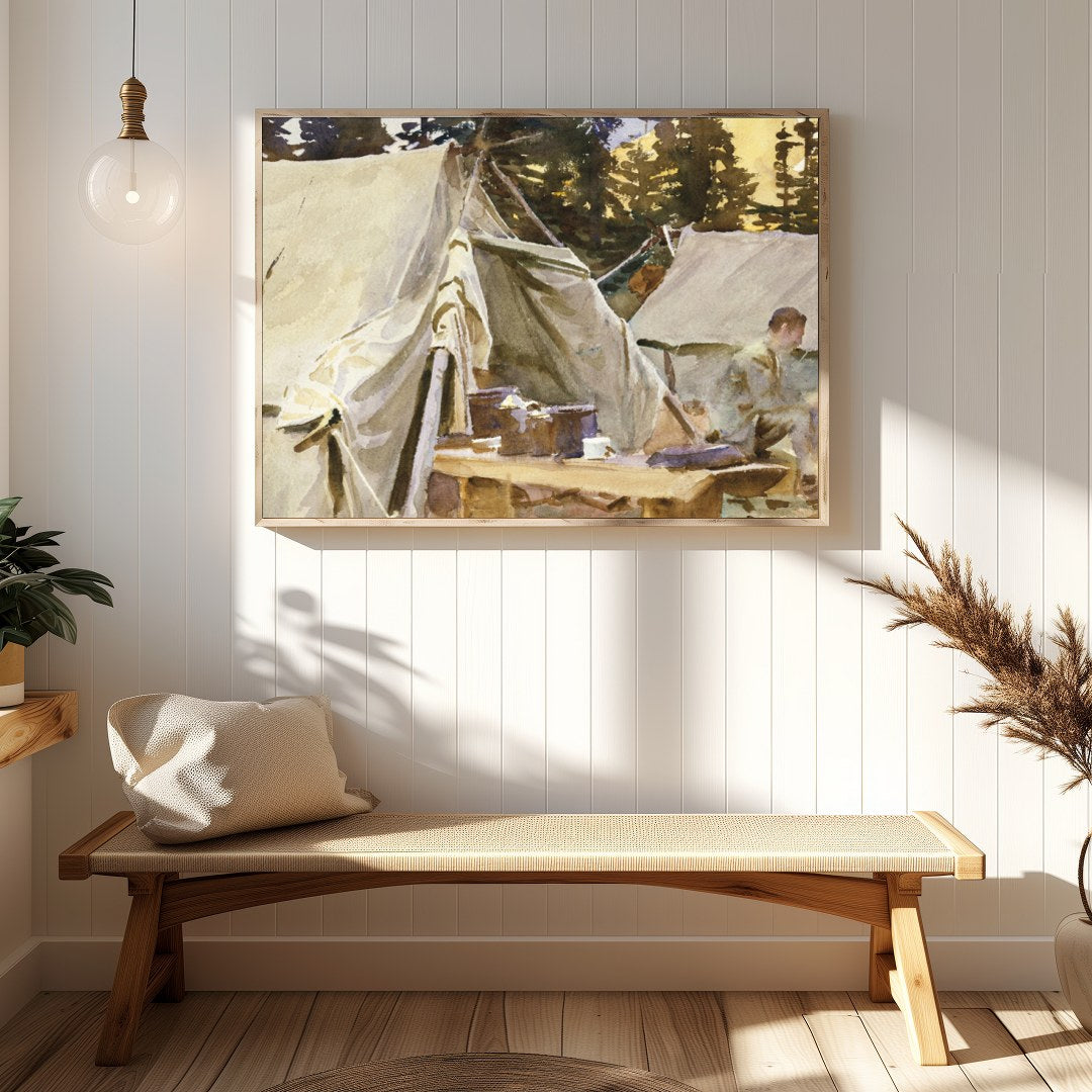 Immerse yourself in the tranquility of this watercolor artwork, capturing a serene campground for Hallway