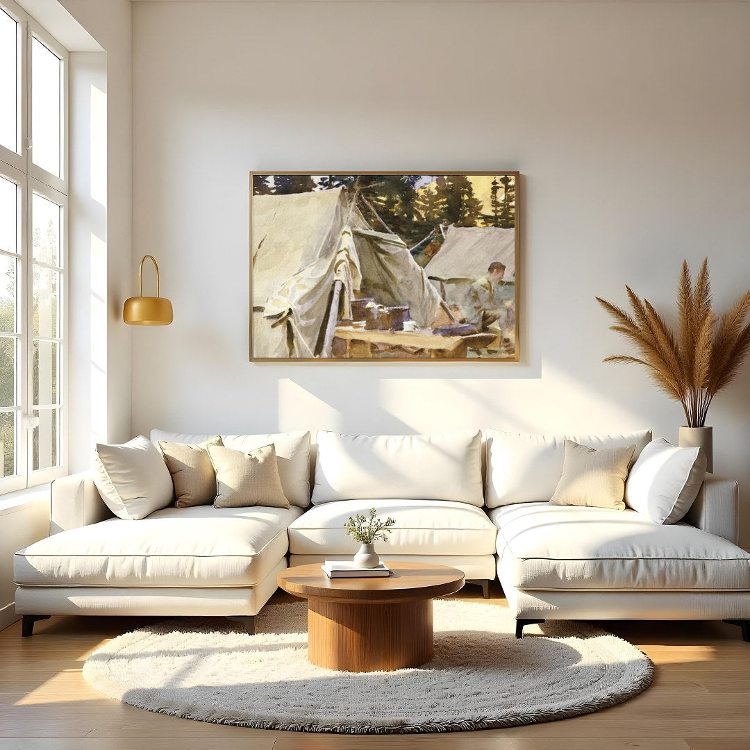 Immerse yourself in the tranquility of this watercolor artwork, capturing a serene campground for Living Room