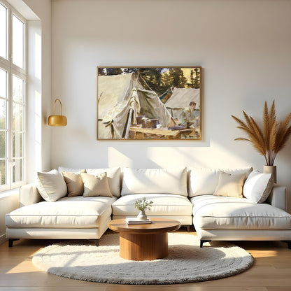 Immerse yourself in the tranquility of this watercolor artwork, capturing a serene campground for Living Room
