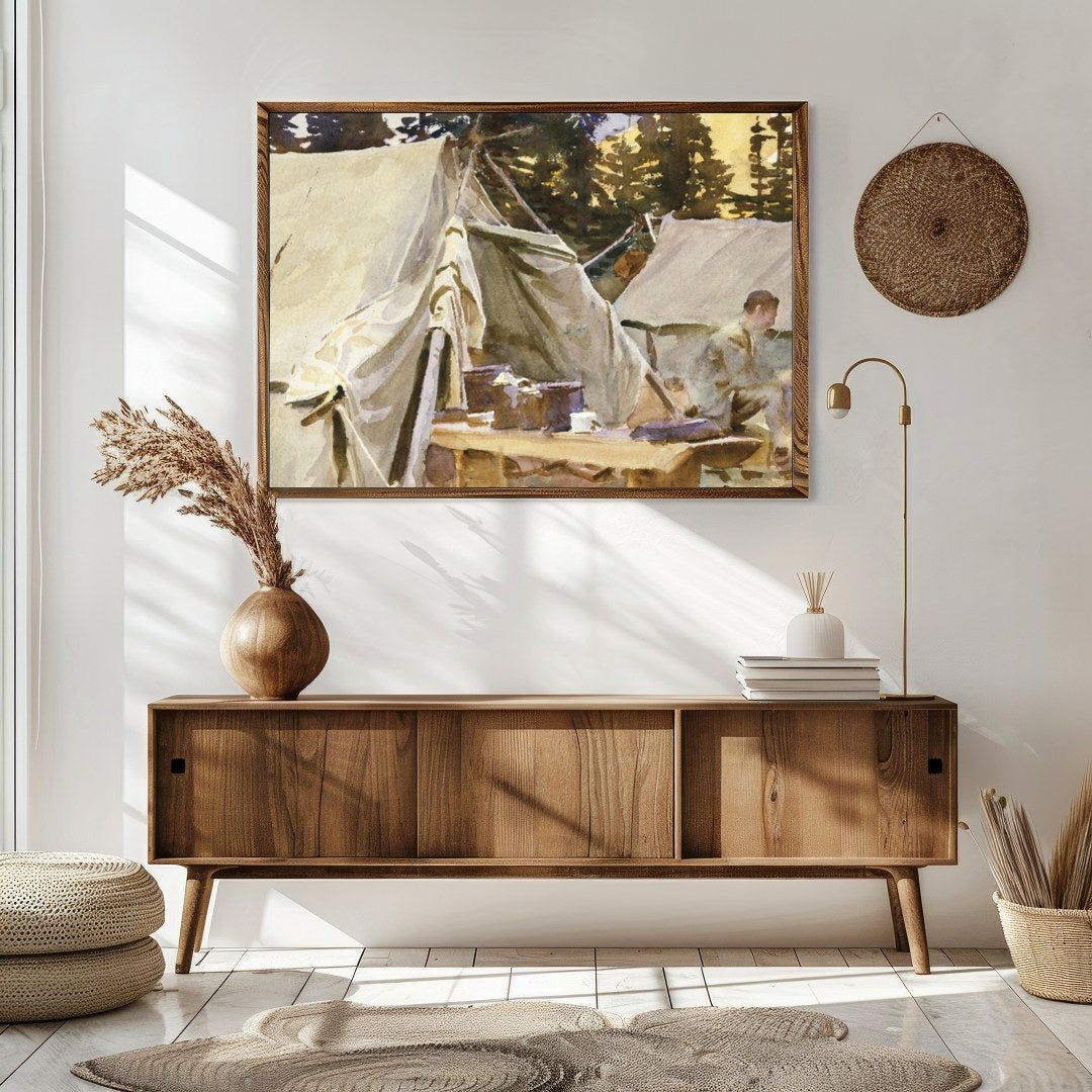 Immerse yourself in the tranquility of this watercolor artwork, capturing a serene campground for Sitting Area