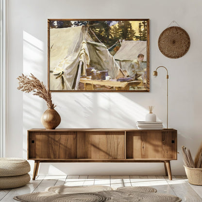 Immerse yourself in the tranquility of this watercolor artwork, capturing a serene campground for Sitting Area