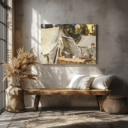 Immerse yourself in the tranquility of this watercolor artwork, capturing a serene campground for Veranda