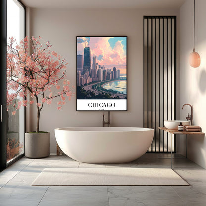 Capture the tranquil essence of Chicago with this stunning cityscape artwork. The vibrant interplay for Bathroom
