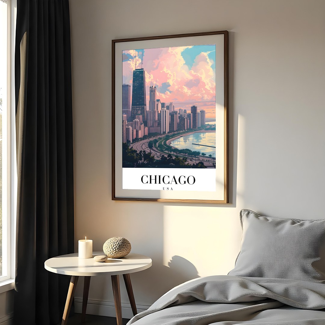 Capture the tranquil essence of Chicago with this stunning cityscape artwork. The vibrant interplay for Bedroom