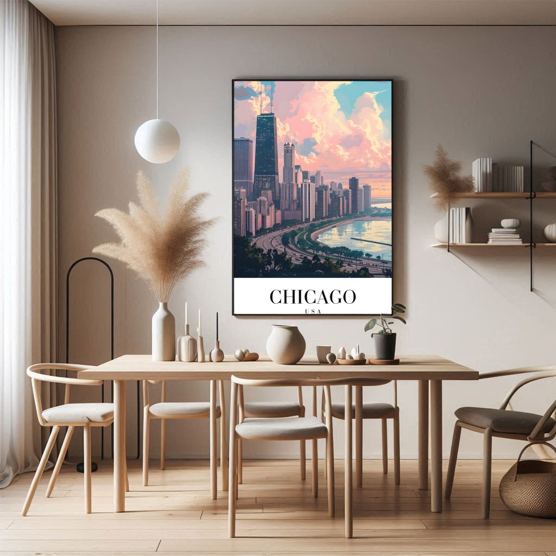Capture the tranquil essence of Chicago with this stunning cityscape artwork. The vibrant interplay for Dining