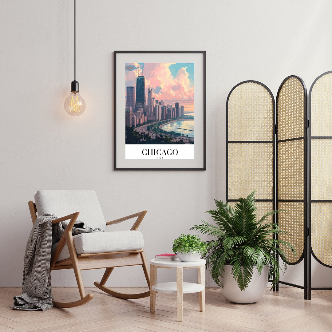 Capture the tranquil essence of Chicago with this stunning cityscape artwork. The vibrant interplay for Foyer