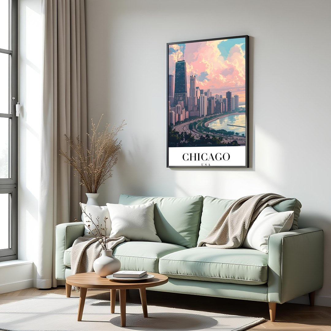 Capture the tranquil essence of Chicago with this stunning cityscape artwork. The vibrant interplay for Hall
