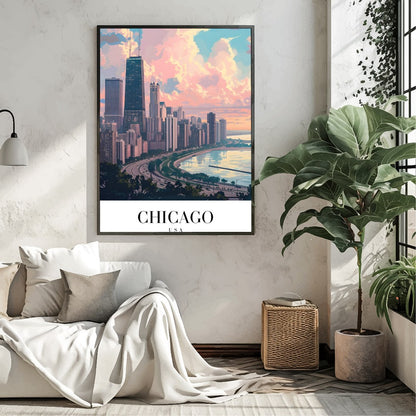 Capture the tranquil essence of Chicago with this stunning cityscape artwork. The vibrant interplay for Living Room