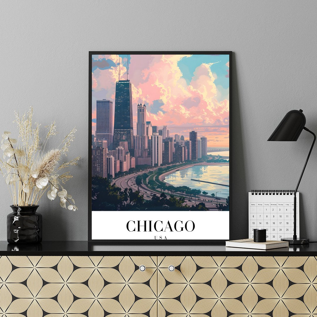 Capture the tranquil essence of Chicago with this stunning cityscape artwork. The vibrant interplay for Shelf