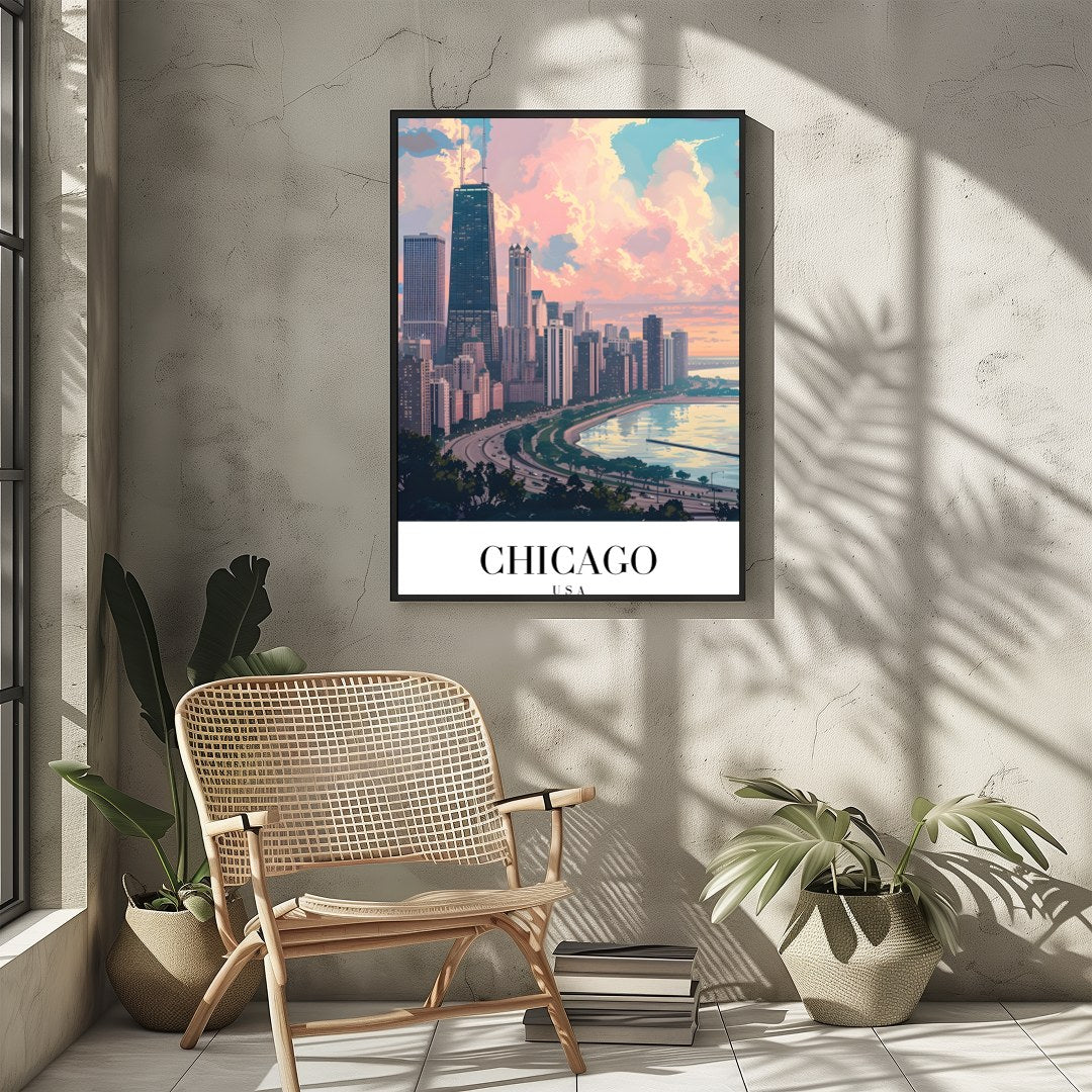 Capture the tranquil essence of Chicago with this stunning cityscape artwork. The vibrant interplay for Sitting Area