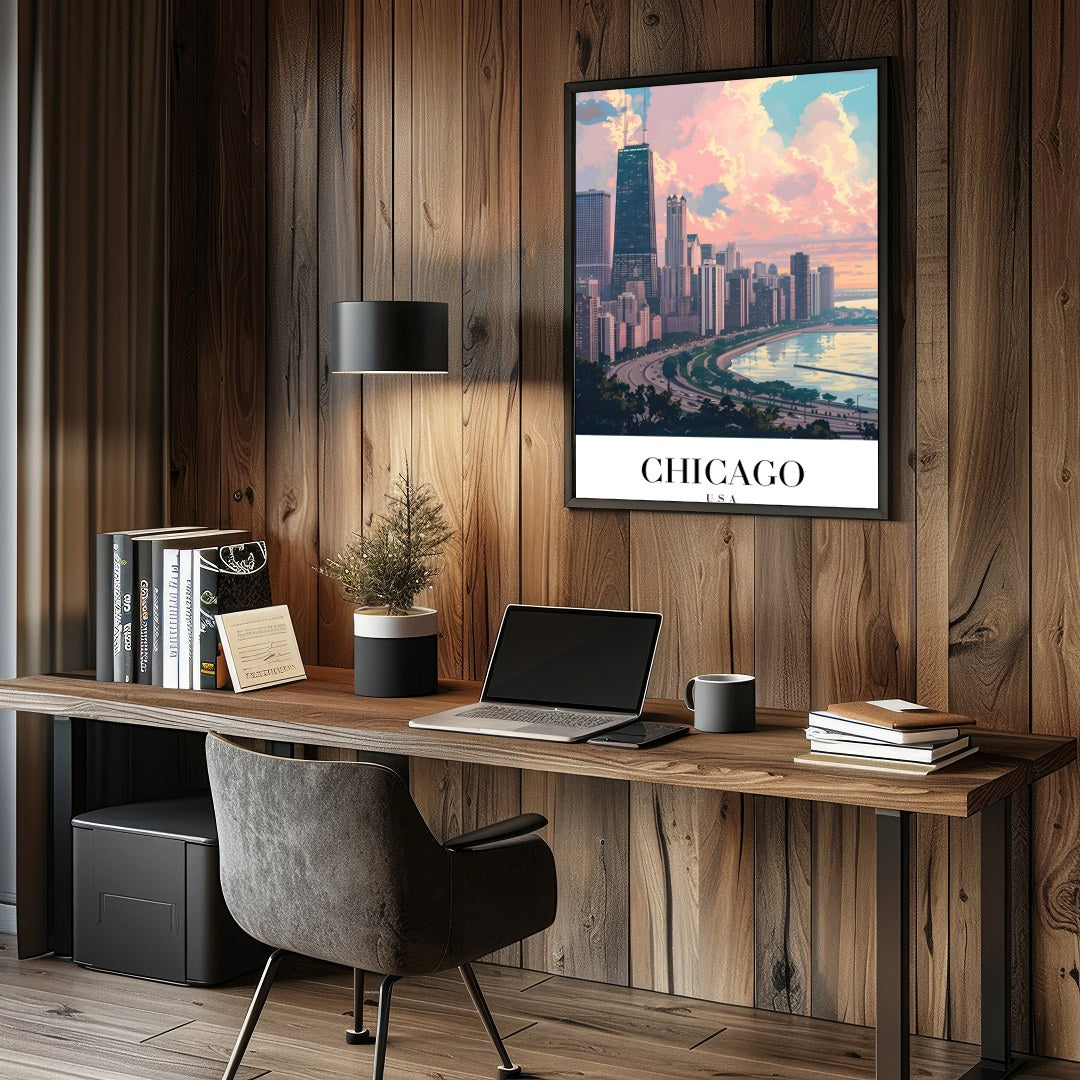 Capture the tranquil essence of Chicago with this stunning cityscape artwork. The vibrant interplay for Study and Office