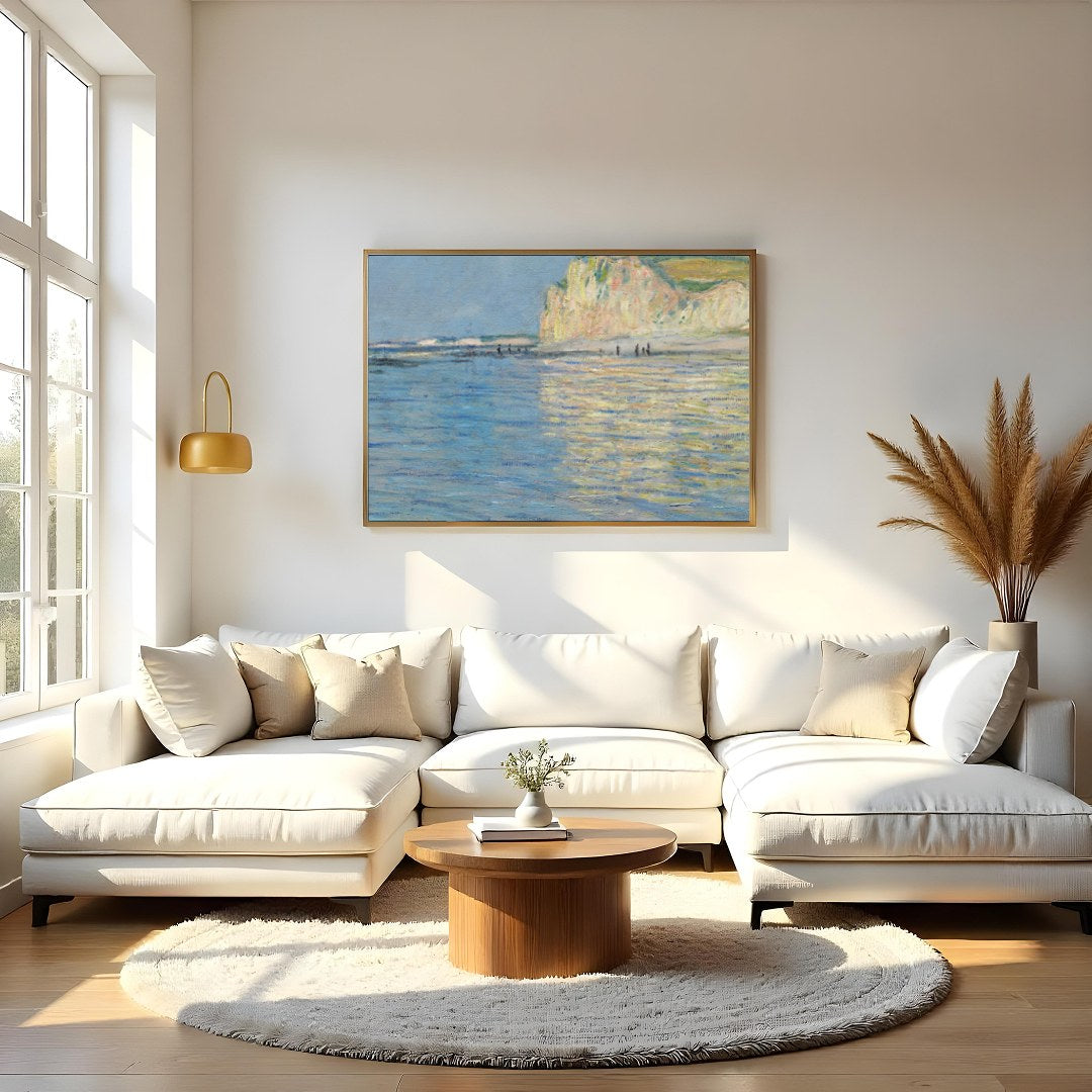 Immerse yourself in the tranquility of a serene coastal landscape, where soft blue waters meet the for Living Room