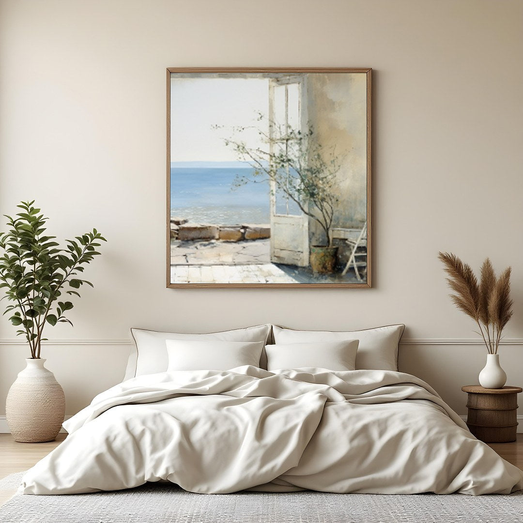 Experience tranquility with this beautifully crafted artwork capturing a sunlit coastal vista for Bedroom