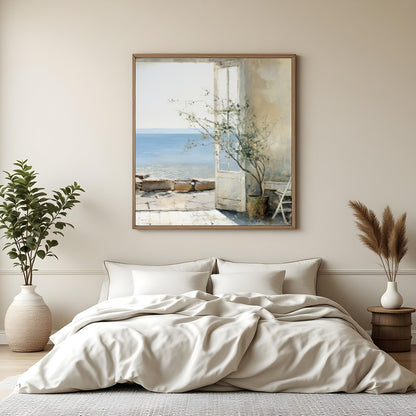 Experience tranquility with this beautifully crafted artwork capturing a sunlit coastal vista for Bedroom