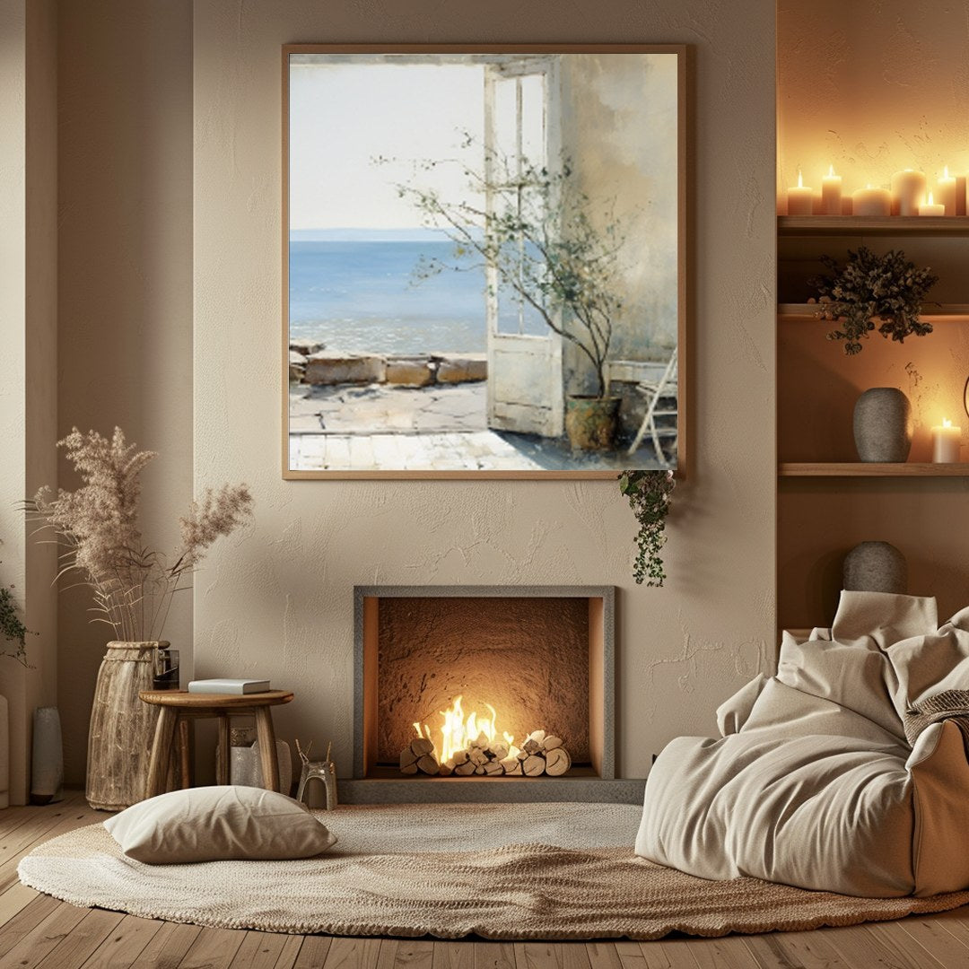 Experience tranquility with this beautifully crafted artwork capturing a sunlit coastal vista for Hall